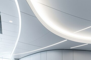 Modern office, white paneled ceiling with lights.