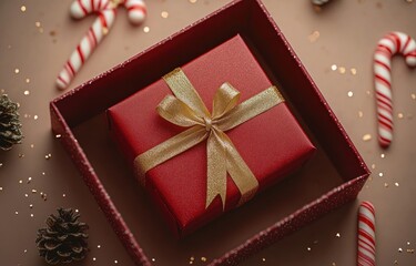 Obraz premium Red Gift Box with Gold Ribbon Surrounded by Festive Candy Canes in Minimalistic Scandinavian Style