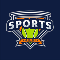 Badge emblem Paddle Tennis club logo design, paddle racket and ball vector on dark background