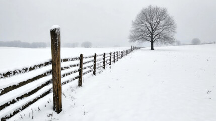 Snow Storm, Snow-covered landscape featuring a wooden fence and a solitary tree under overcast skies.