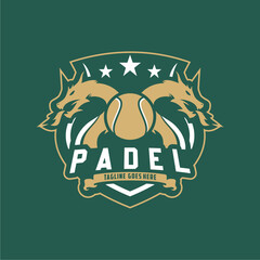 Badge emblem Paddle Tennis club logo design, paddle racket and ball vector on dark background