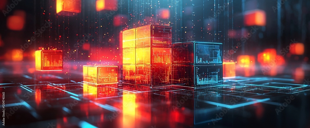 Poster glowing data cubes on digital surface.