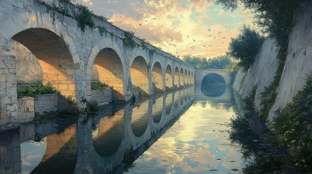 Ancient Aqueduct Serene Reflection Water Surface Impressionism Lush Greenery Birds Dappled Light Arches Sunny Calm Scene