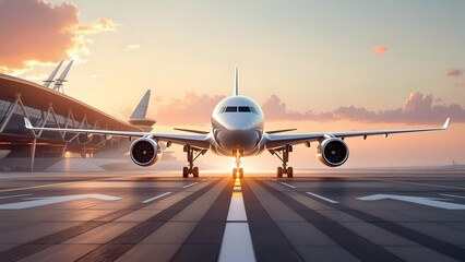 Naklejka premium Takeoff at Sunset: A commercial airplane, bathed in the golden light of a breathtaking sunset, stands poised for takeoff on a runway, its powerful engines roaring to life.