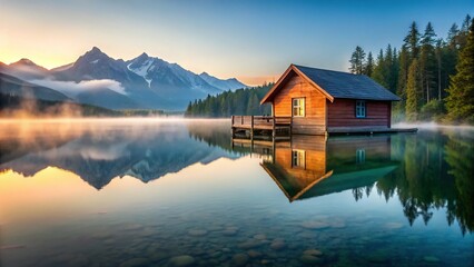 Fototapeta premium Minimalist Wooden Cabin Reflection in Calm Mountain Lake at Dawn