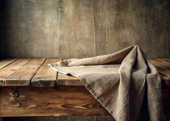 Minimalist Wooden Table with Textured Linen Tablecloth - Stock Photo