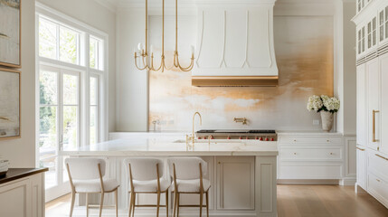 Serene White Kitchen: A bright, airy kitchen features white cabinetry, marble countertops, and a stunning gold-toned backsplash. Natural light streams through large windows.