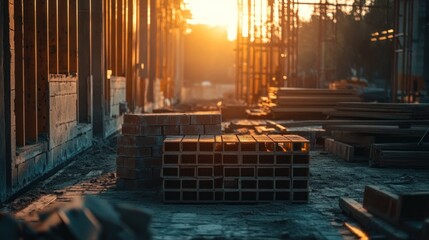 Golden Hour Construction Site: Bricks, Steel, and the Promise of New Beginnings. A captivating scene of a construction site bathed in the warm 