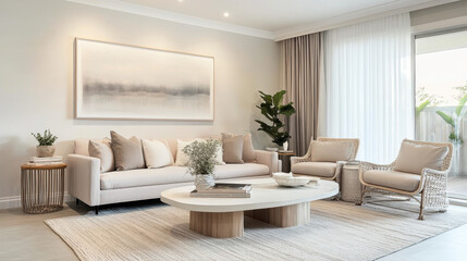 Fototapeta premium Serene Living Room: A stylish and minimalist living room design with a neutral color palette, featuring a comfortable sofa, two armchairs, a coffee table, a large piece of art, and a potted plant.
