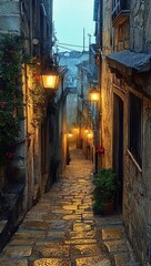 Fototapeta premium Narrow Cobblestone Alleyway at Dusk in Taranto Puglia Italy