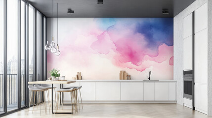 Lamas personalizadas para cocina con tu foto Pastel Dreams in the Kitchen: A modern kitchen features a stunning watercolor mural as a backdrop, with soft pink and blue hues creating a calming and artistic atmosphere.
