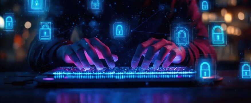 Hacker in Dark Room Typing Code Cybersecurity AI Chatbot Digital Lock Encryption Protection Technology