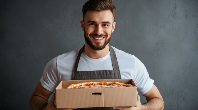 Man smiles while holding a pizza box in a casual setting with gray background