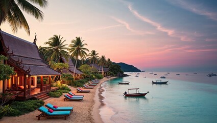 Fototapeta premium Serene tropical beach featuring palm trees and sunset glow.