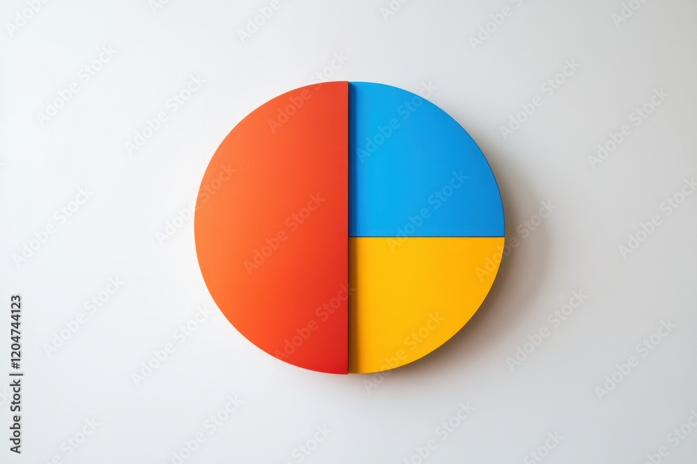 Poster colorful geometric design featuring a pie chart with blue, red, and yellow sections on a minimalist 