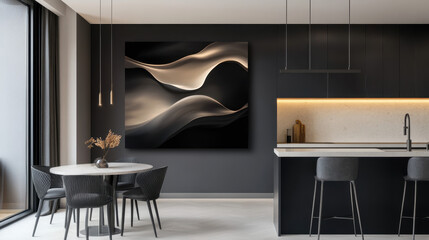 Abstract Canvas Art in Modern Kitchen: A striking abstract canvas painting with swirling shades of gold and gray hangs on a black wall in a contemporary kitchen.