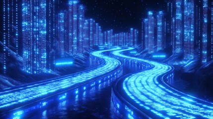 A futuristic landscape with glowing blue waterways and towering structures under a starry sky.