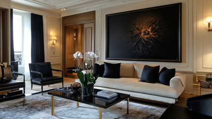 Modern Elegance: A minimalist living room exudes sophistication with sleek black furniture, a plush white sofa, and a bold abstract artwork.