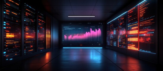 Futuristic server room with glowing screens displaying data and graphs.