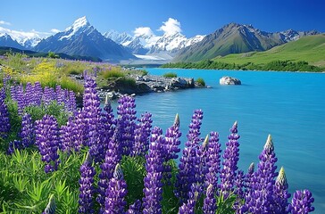 Lupines bloom near a serene lake and majestic snow capped mountains