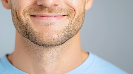 Obraz premium Cheerful Young Man in Blue T-Shirt Against Gray Backdrop, Bright Smile, Friendly Expression, Casual Style, Emphasizing Approachability and Positivity