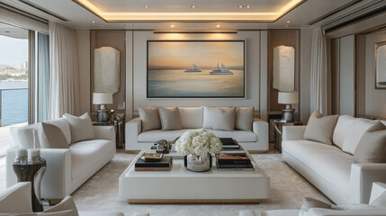 Serene Yacht Living Room:  A luxurious and spacious living room aboard a yacht, featuring a calming color palette, plush sofas, elegant coffee table, and large artwork depicting a tranquil seascape.