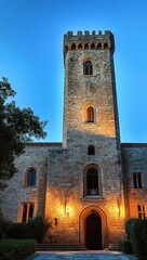 Nighttime View of a Medieval Castle Illuminated by Golden Lights Against a Blue Sky