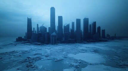 Naklejka premium Urban Landscape of a Frozen Cityscape in Winter's Chill