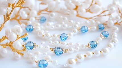 Elegant Pearl and Blue Topaz Necklace Bracelet Jewelry Set