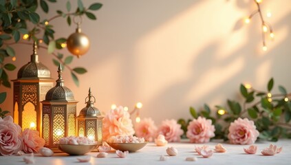 The soft glow of the candles, roses, and the intricate details of the lanterns create a sense of warmth and tranquility for  celebration or a special occasion
