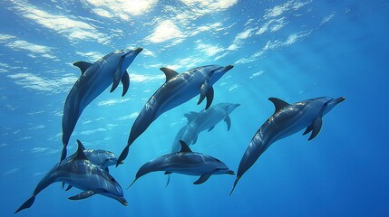 Obraz premium A group of dolphins swimming gracefully in clear blue water.