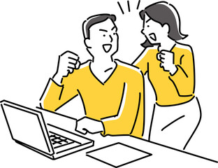 パソコンを前にガッツポーズをとるカップル