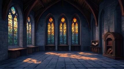 Obraz premium Serene Library Interior with Stained Glass Windows and Shelves