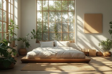 Scandinavian minimalist bedroom with natural light and wooden furniture in a contemporary design