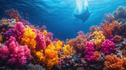 Vibrant Coral Reef Ecosystem with Manta Ray