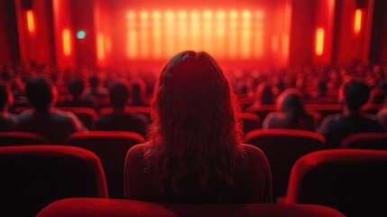 Audience Watching Movie in Small Theater with Red Velvet Seats and Ambient Lighting