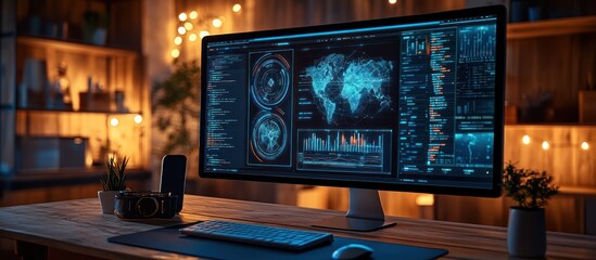 Modern workspace with computer displaying data visualization.