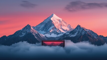 Serene Mountain Landscape at Sunset with Cloud Cover and Structure