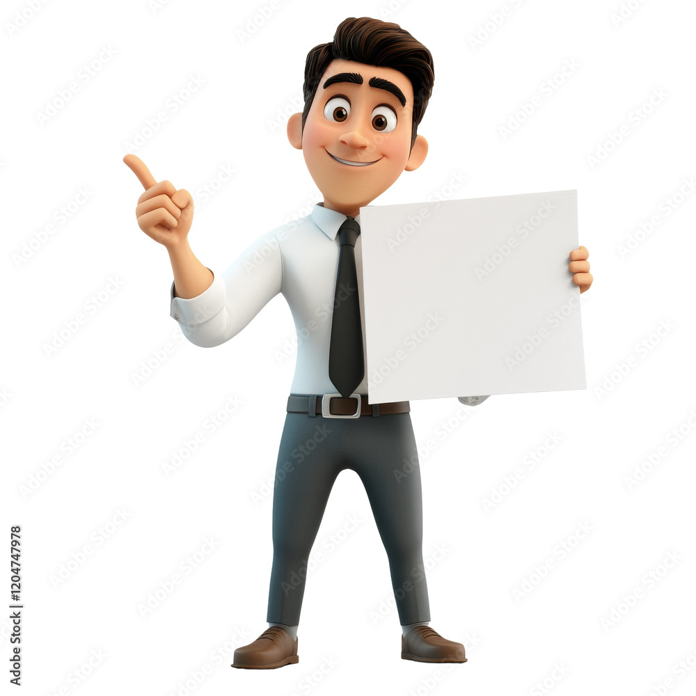 Poster a smiling 3d cartoon businessman in a suit holds a blank white sign and points with one finger.