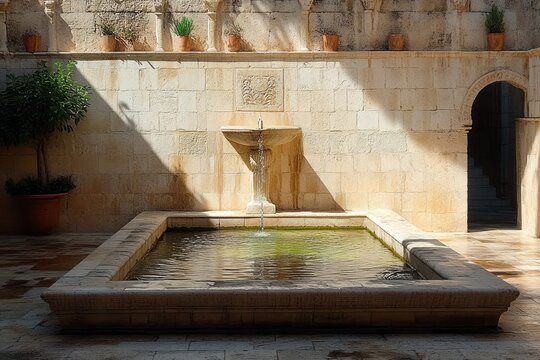 Serene Stone Fountain in Sunlit Courtyard Mediterranean Architecture Textures Shadows Golden Light Taranto Puglia Italy