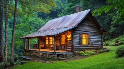 Secluded Log Cabin in the Woods at Dusk
