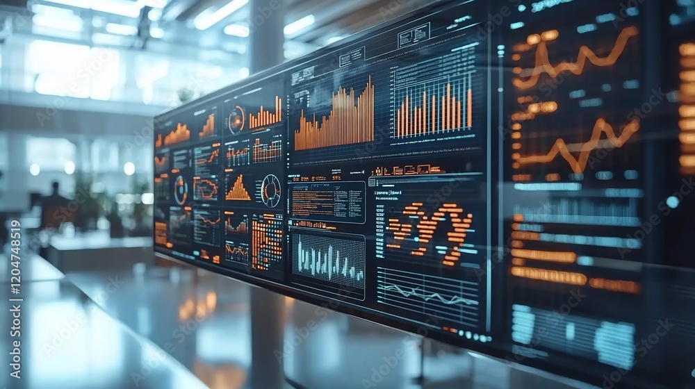 Poster Futuristic office dashboard displaying financial data and charts on a large screen.
