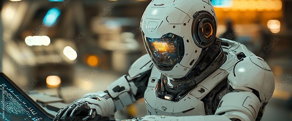 Poster Futuristic robot working on a laptop in a high-tech environment.