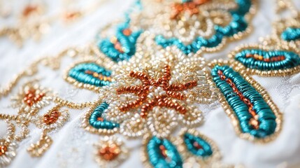 Intricate Beaded Embroidery Design in Gold, Teal, and Orange