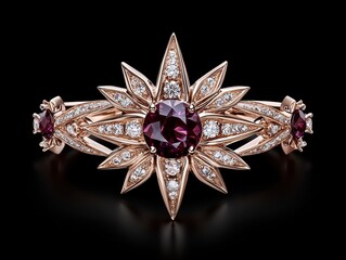 Fototapeta premium Rose gold ring with a large dark red gemstone and diamonds