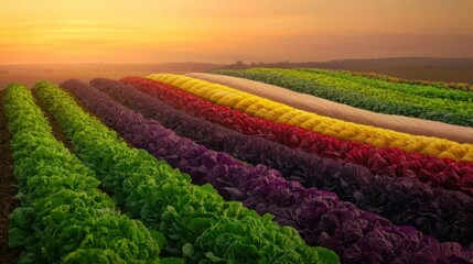 Vibrant Vegetable Field at Sunset with Colorful Rows of Greens