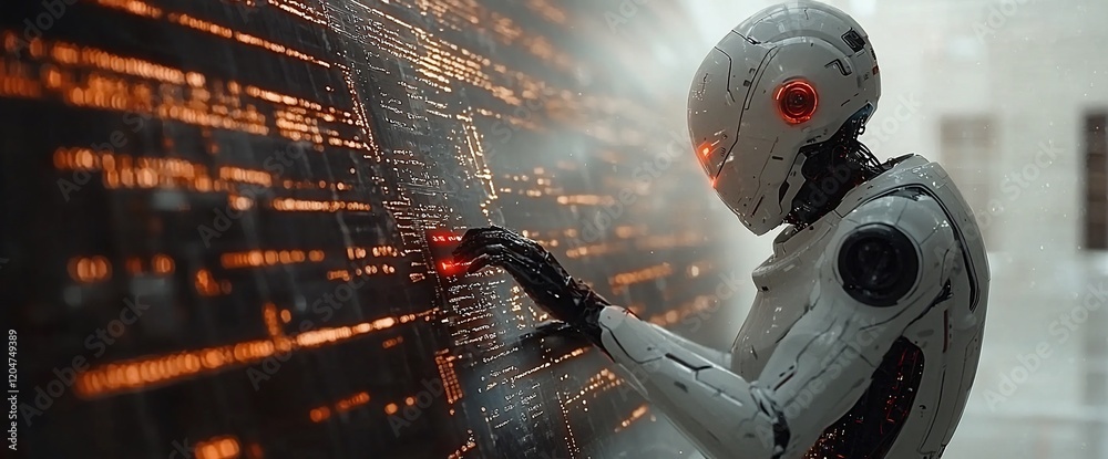 Aufkleber Advanced robot interacting with futuristic digital interface.