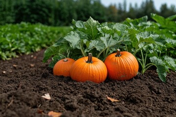 Three ripe orange pumpkins in a pumpkin patch