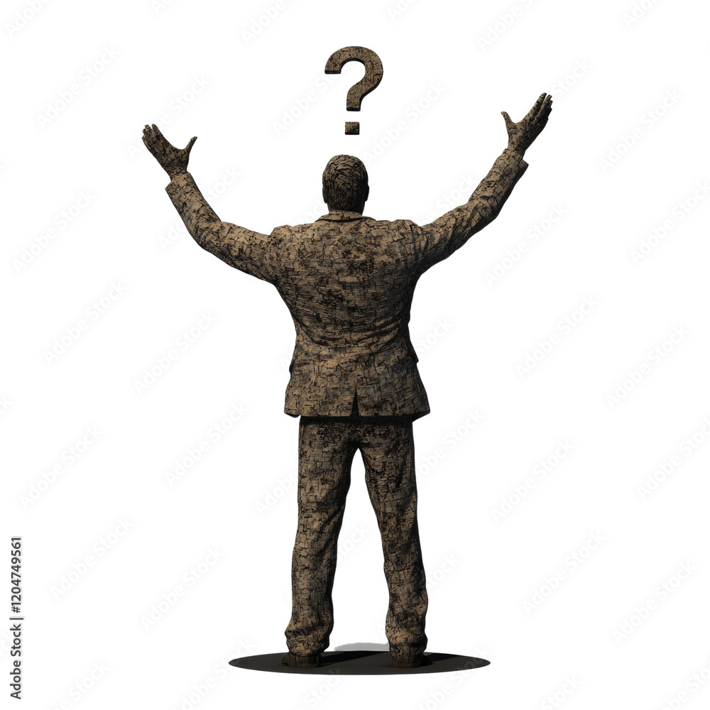 Poster a stone statue of a man with arms raised, a question mark hovers above him symbolizing uncertainty o