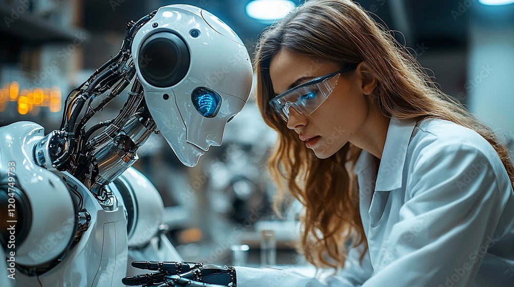 Poster female scientist examining advanced robot.